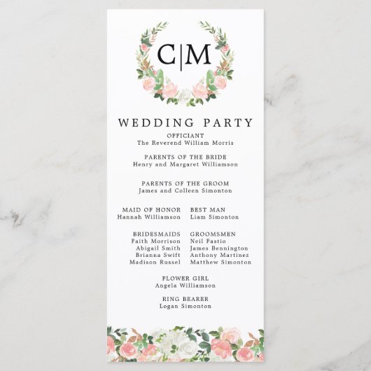 Monogramme floral rose blanc Programme de mariage (Dos)