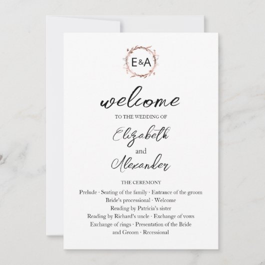 Monogramme Floral Rose Gold Foil Wedding Programme (Devant)