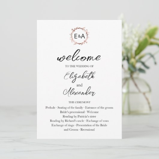 Monogramme Floral Rose Gold Foil Wedding Programme (Debout devant)
