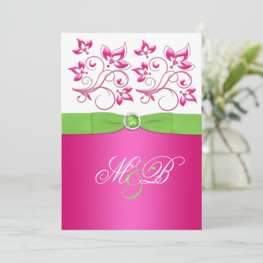 Monogramme floral rose, vert, blanc Invitation (Debout devant)