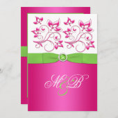 Monogramme floral rose, vert, blanc Invitation (Devant / Derrière)