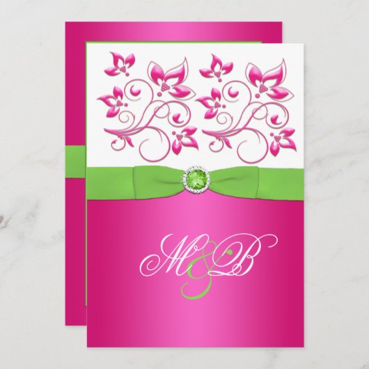 Monogramme floral rose, vert, blanc Invitation (Devant / Derrière)
