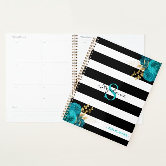 Monogramme floral Turquoise Gold Stripes noires 20 (Devant avec enveloppe)