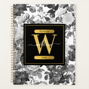 Monogramme floral Vintage noir, blanc et or