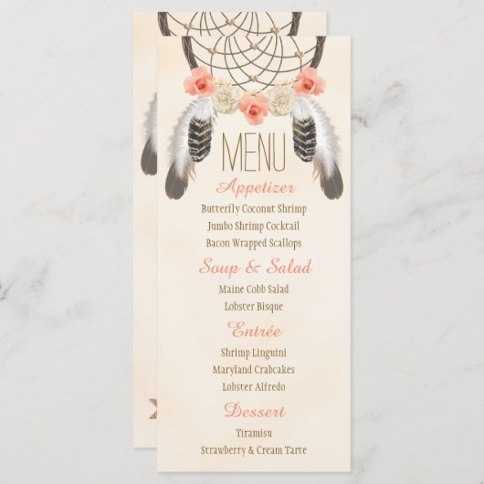 Monogramme Gold Coral Dreamcatcher Menu Mariage (Devant / Derrière)