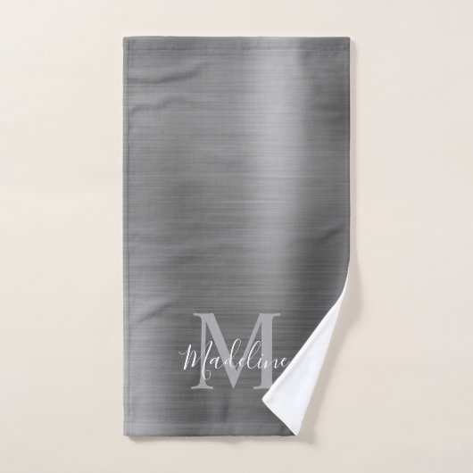 Monogramme gris argent brossé minimal (Serviette à main)