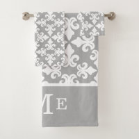 Monogramme Gris Blanc Fleur de lis | modifiable