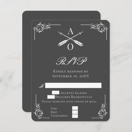 Monogramme gris et flèches Mariage carte RSVP (Devant / Derrière)