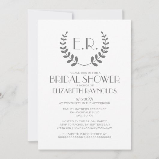 Monogramme gris Invitations de douche nuptiale (Devant)