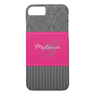 Monogramme gris rose Damask Stripe iPhone 7 Coque