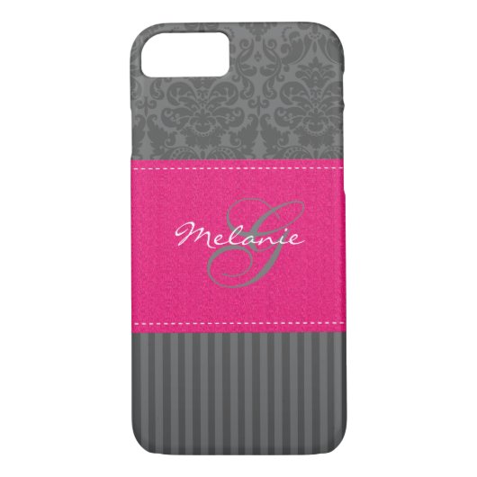 Monogramme gris rose Damask Stripe iPhone 7 Coque (Dos)