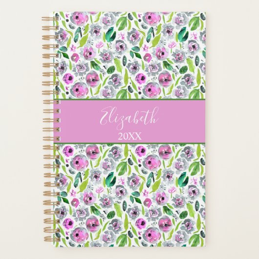 Monogramme Gris rose Vert Boho Aquarelle Florale (Devant)