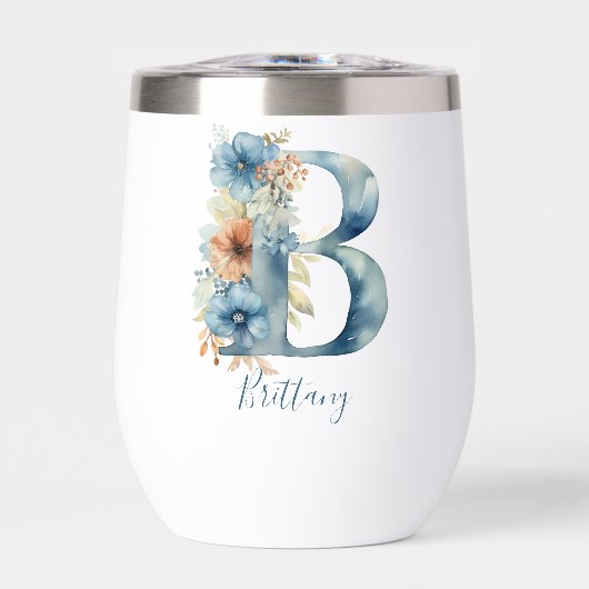 Monogramme Initial B Bleu Floral Aquarelle Cadeau (Avant)