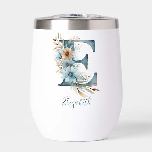 Monogramme initial E Blue Floral Aquarelle Cadeau (Avant)