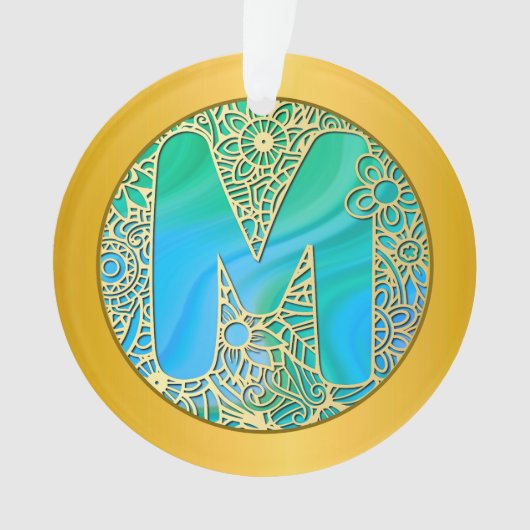 Monogramme Initial M Noël - Or, Turquoise & Bleu (devant)
