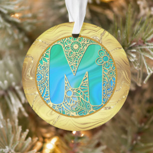 Monogramme Initial M Noël - Or, Turquoise & Bleu