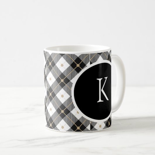 Monogramme initial Noir Blanc Or Plaid Café Mug (Devant droit)