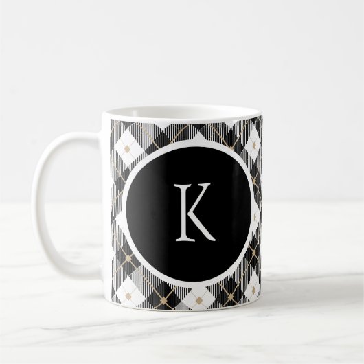 Monogramme initial Noir Blanc Or Plaid Café Mug (Gauche)
