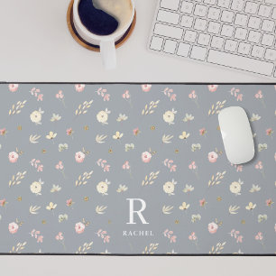 Monogramme Initial Personnalisé Fleurs Douces Gris