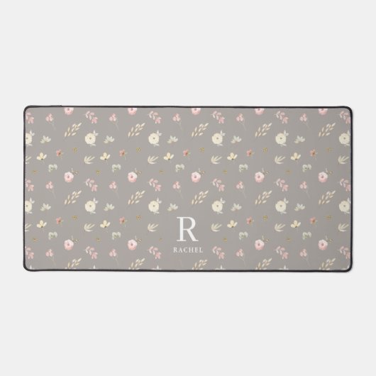 Monogramme Initial Personnalisé Gris Beige Floral (Recto)