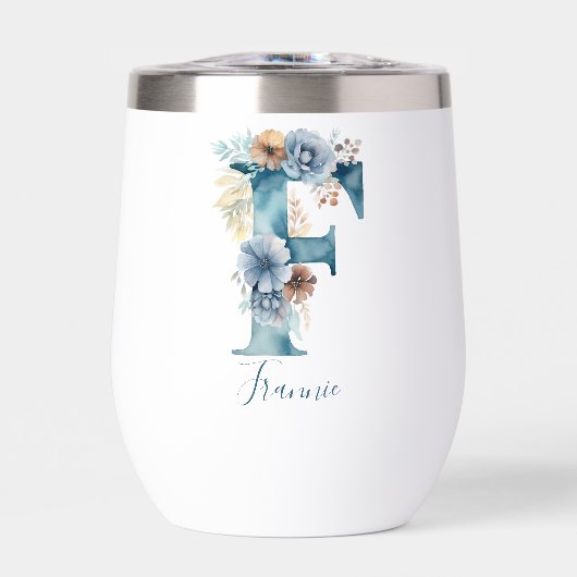Monogramme Initiale F Bleu Floral Aquarelle Cadeau (Avant)