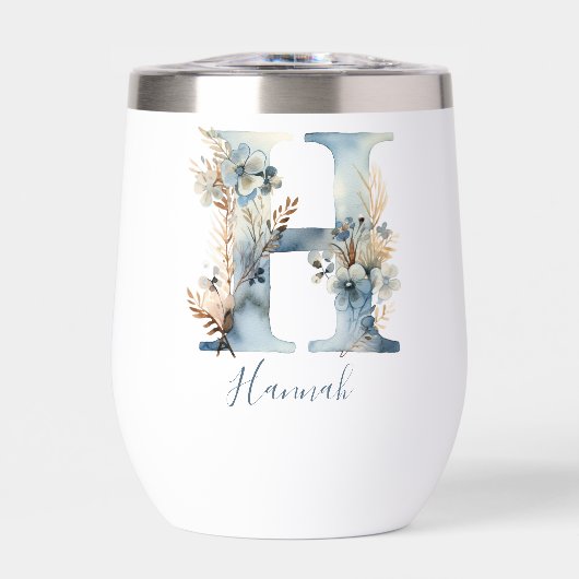 Monogramme Initiale H Bleu Floral Aquarelle Cadeau (Avant)