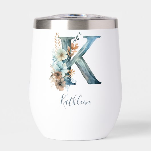 Monogramme Initiale K Cadeau Floral Bleu Aquarelle (Avant)