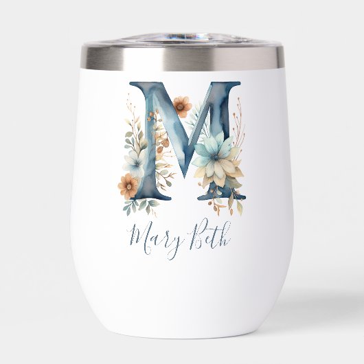 Monogramme Initiale M Cadeau Floral Bleu Aquarelle (Avant)