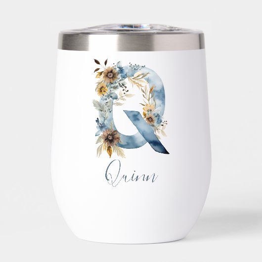 Monogramme Initiale Q Fleur Bleue Aquarelle Cadeau (Avant)