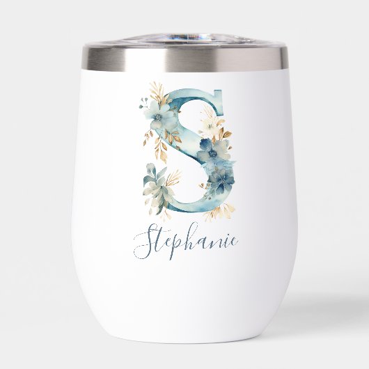 Monogramme Initiale S Bleu Floral Aquarelle Cadeau (Avant)