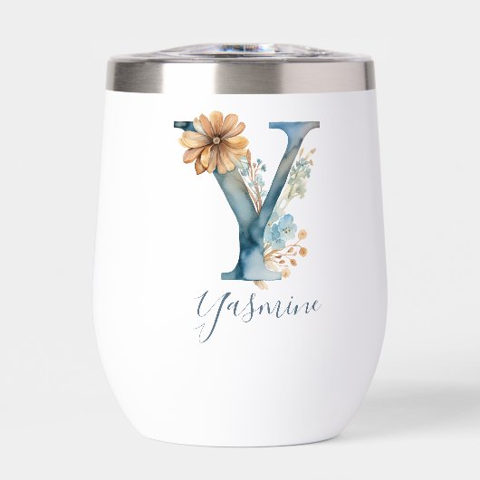 Monogramme Initiale Y Cadeau Floral Bleu Aquarelle (Avant)