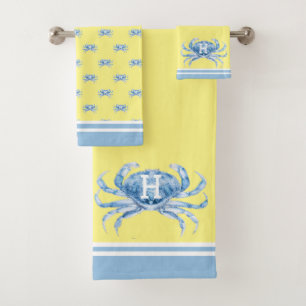 Monogramme Jaune n Bleu Aquarelle Crabe Nautique