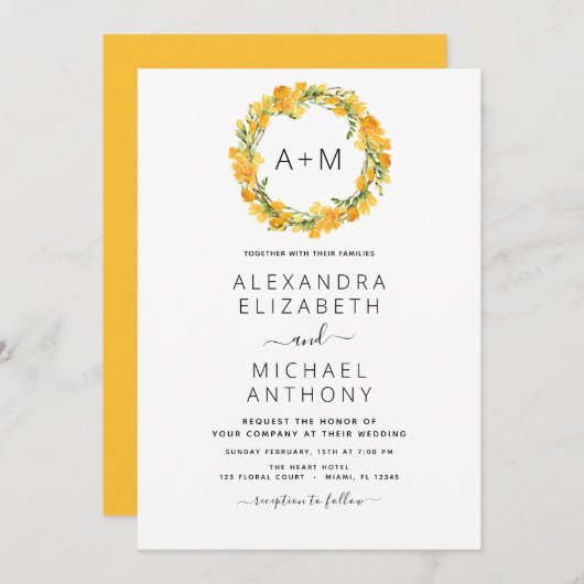 Monogramme Jaune Orange Faire-part de mariage Flor (Devant / Derrière)