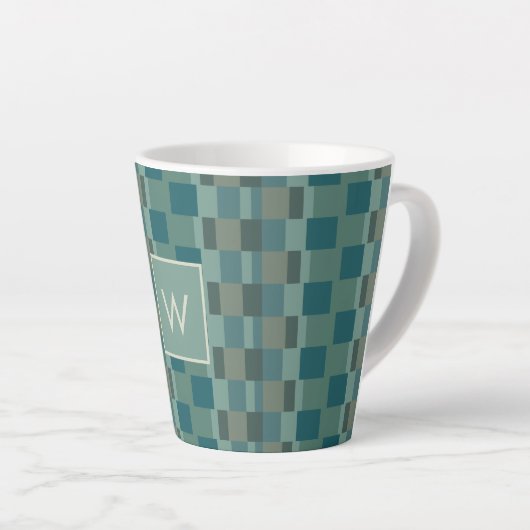 Monogramme Latte Mug Moderne Check in Blue, Olive (Angle droit)