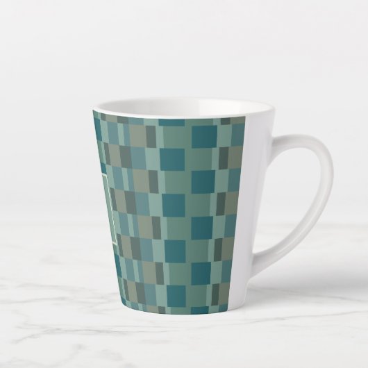 Monogramme Latte Mug Moderne Check in Blue, Olive (Droite)