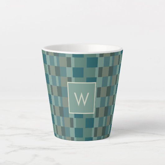Monogramme Latte Mug Moderne Check in Blue, Olive (Devant)