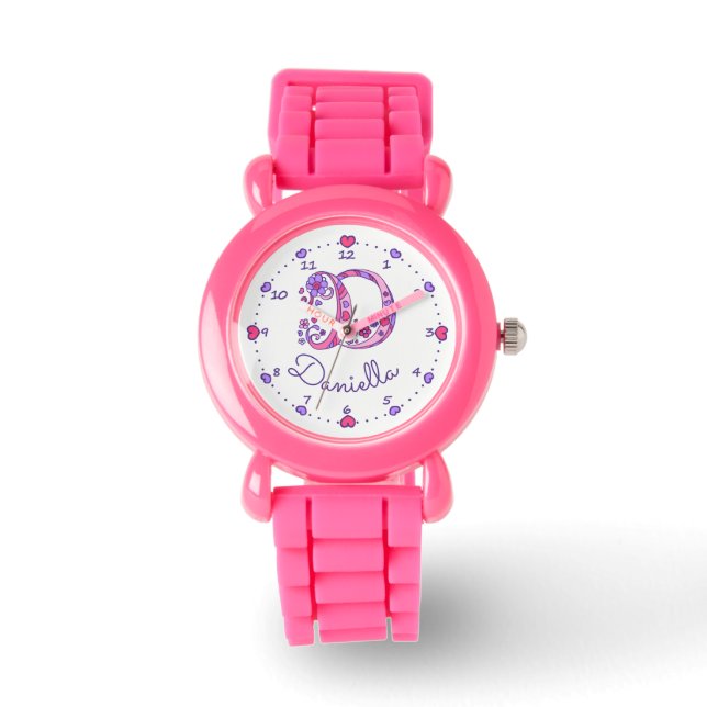 Monogramme lettre D doodle coeur filles nom montre (Recto)