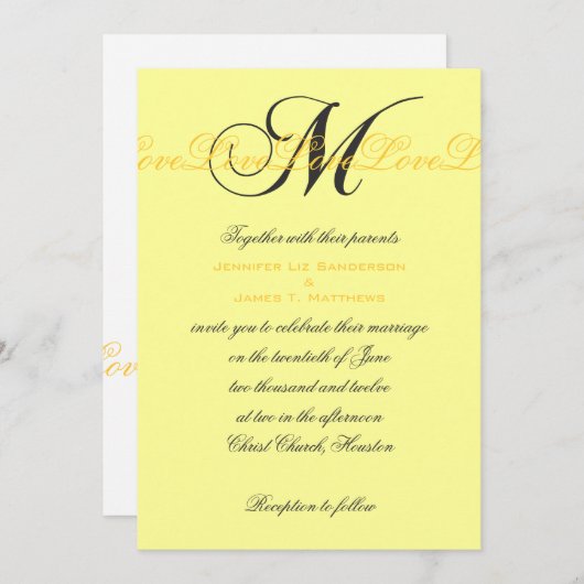 Monogramme M Love Wedding Invitations Jaune (Devant / Derrière)