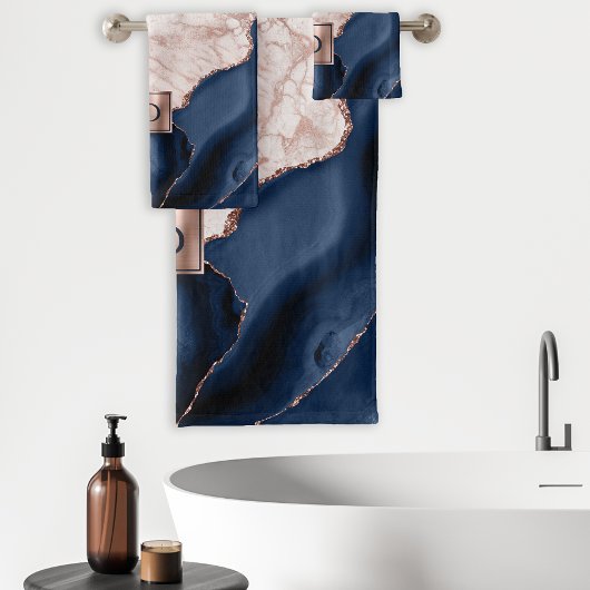 Monogramme Marbre Rose Gold Agate Bleu Marine