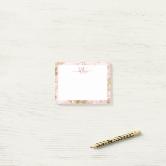 Monogramme Marbre rose Golden Foil Post-it Notes (Sur un bureau)