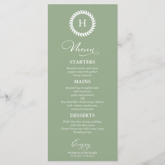 Monogramme Mariage Cartes de menu Vert Sage (Devant)