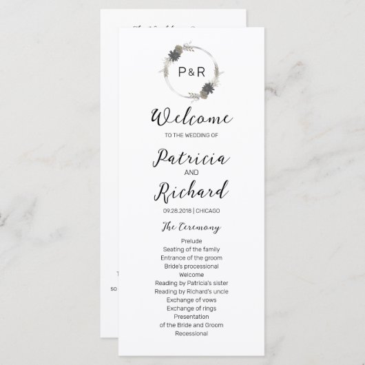 Monogramme Mariage Cérémonie Programme 4x9 Carte (Devant / Derrière)