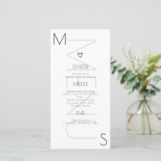 Monogramme Mariage Coeur Noir Blanc Menu (Debout devant)