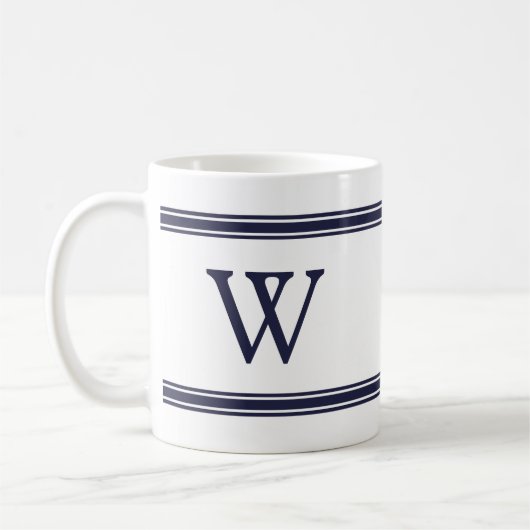 Monogramme Marine Bleu strié Mug personnalisé (Gauche)