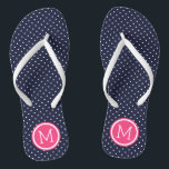 Monogramme Marine et minuscules points roses<br><div class="desc">sandales à tongs imprimées sur mesure avec un motif à pois mignon et votre monogramme ou autre texte personnalisé dans un cadre circulaire. Cliquez sur Customiser pour modifier les polices de texte et les couleurs ou ajouter vos propres images pour créer un design unique et unique !</div>