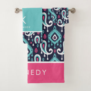 Monogramme marine et rose Ikat Paisley