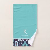 Monogramme marine et rose Ikat Paisley (Serviette à main)
