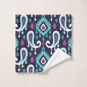 Monogramme marine et rose Ikat Paisley (Gant de toilette)