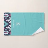 Monogramme marine et rose Ikat Paisley (Serviette à main)
