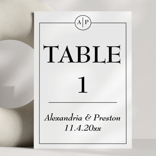 Monogramme minimal noir et blanc Numéros de table
